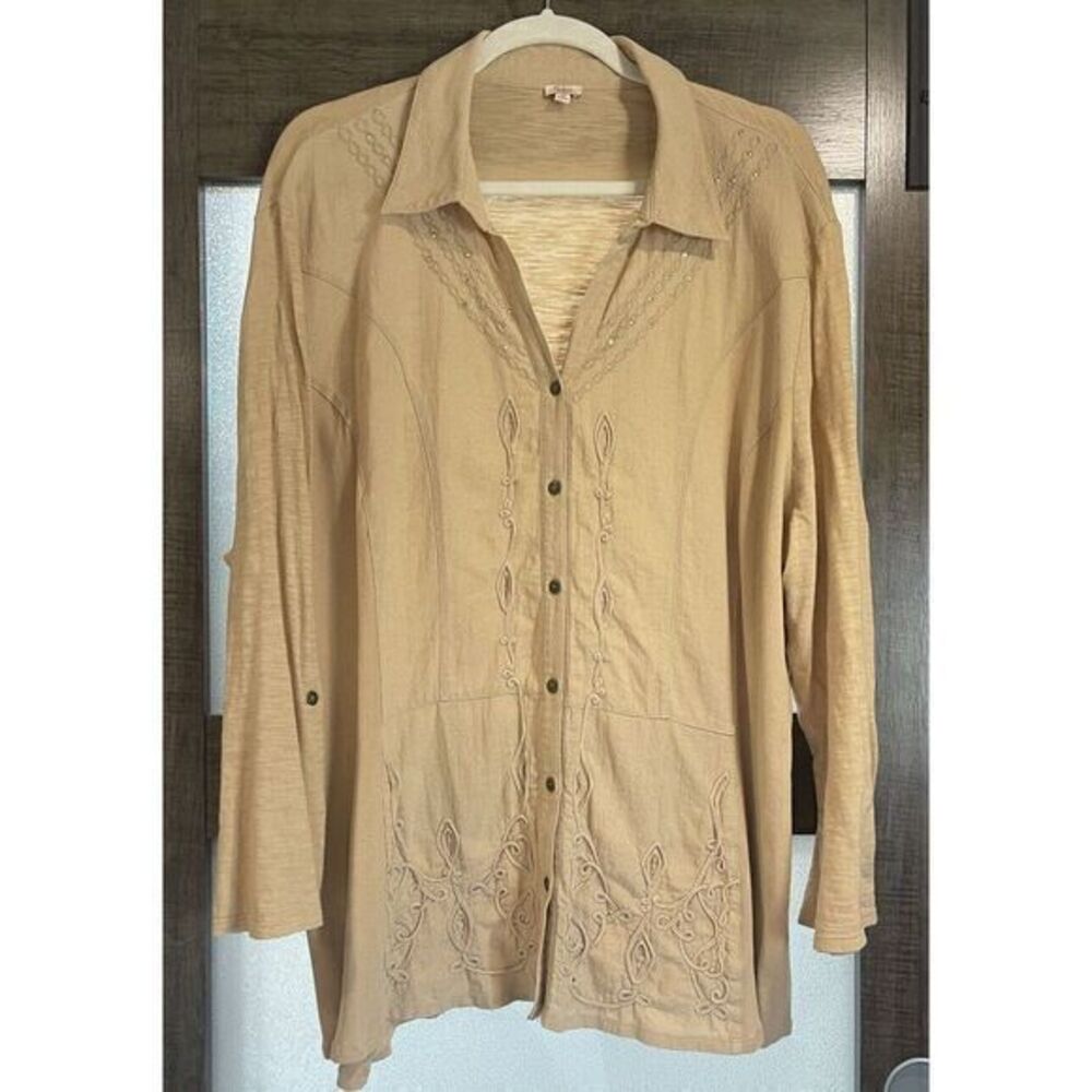 Reba Western Button Down Top Beige‎ With Embroidered Front & Rhinestones Sz 3XL